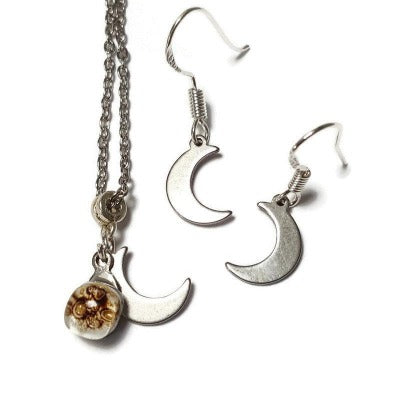 Small moon set of earrings and Necklace. Recycled fused glass white and brown bead pendant. Handmade ecofriendly jewelry. Magical astral.