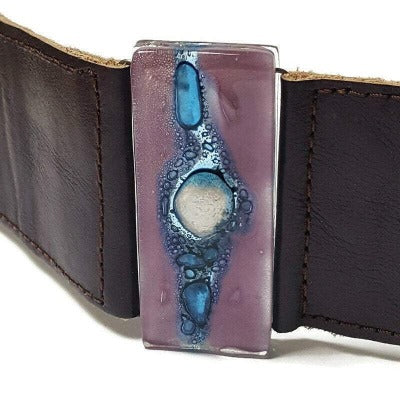 Wide Leather Cuff. Dark purple Leather Bracelet. Recycled glass Bracelet.   Lilac and Blue with silver bubble glass. Double snaps.