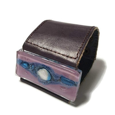 Wide Leather Cuff. Dark purple Leather Bracelet. Recycled glass Bracelet.   Lilac and Blue with silver bubble glass. Double snaps.