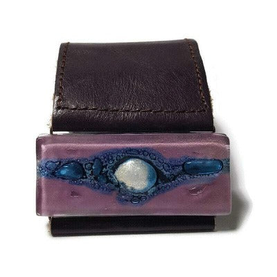 Wide Leather Cuff. Dark purple Leather Bracelet. Recycled glass Bracelet.   Lilac and Blue with silver bubble glass. Double snaps.