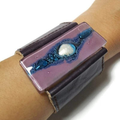 Wide Leather Cuff. Dark purple Leather Bracelet. Recycled glass Bracelet.   Lilac and Blue with silver bubble glass. Double snaps.