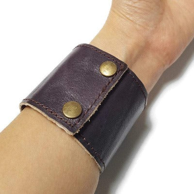 Wide Leather Cuff. Dark purple Leather Bracelet. Recycled glass Bracelet.   Lilac and Blue with silver bubble glass. Double snaps.