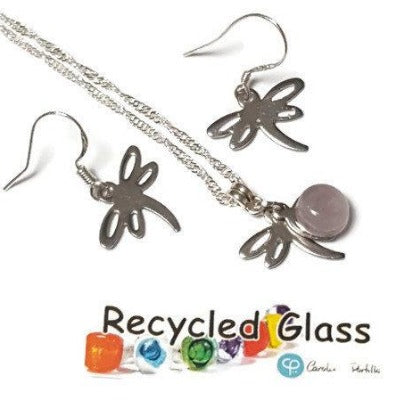 Small Dragonfly set. Dangle earrings and necklace. Recycled fused glass pale lilac bead. Unique handcrafted and ecofriendly. Dainty jewelry.
