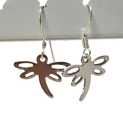 Small Dragonfly set.  Drop  earrings and necklace. Recycled fused glass sand and copper bead. Dainty, tiny, minimalist jewlery