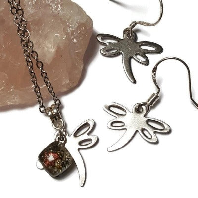 Small Dragonfly set.  Drop  earrings and necklace. Recycled fused glass sand and copper bead. Dainty, tiny, minimalist jewlery