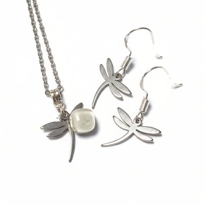 Small Dragonfly set.  Drop  earrings and necklace. Recycled fused glass white. Minimalist, tiny and ecofriendly. Dainty