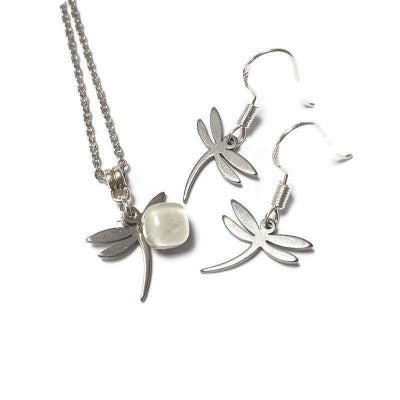 Small Dragonfly set.  Drop  earrings and necklace. Recycled fused glass white. Minimalist, tiny and ecofriendly. Dainty