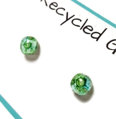 Small Post White, Green and Turquoise Earrings. Fused Glass Studs. Recycled Glass jewelry. Minimal simple dainty Stud earrings