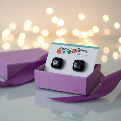 Post Earrings. Recycled glass Earrings. BLACK Earrings Studs. Fused Glass jewelry. Small earrings. Black simple plain black earrings.