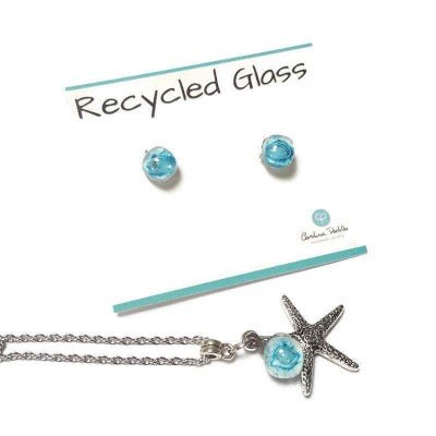 Minimalist Recycled Glass set of Stud post earrings  and pendant. Turquoise and white. Beach ocean jewelry. Dainty jewelry.