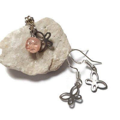 Small Butterfly set. Dangle earrings and necklace. Recycled fused glass pale pink bead. Minimalist handcrafted and ecofriendly. Dainty