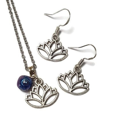 Lotus flower set. Earrings and pendant. Recycled Fused glass pendant. Handmade bead. Lotus Yoga dangle earrings. Eco friendly. Handmade