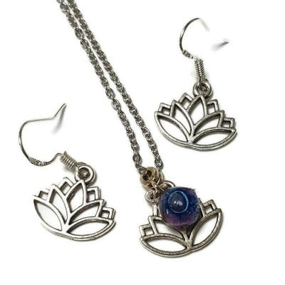 Lotus flower set. Earrings and pendant. Recycled Fused glass pendant. Handmade bead. Lotus Yoga dangle earrings. Eco friendly. Handmade