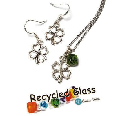 Shamrock Green set. Recycled  fused glass pendant and small dangle earrings. Sterling silver hooks. Handmade small jewelry.