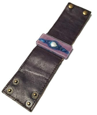 Wide Leather Cuff. Dark purple Leather Bracelet. Recycled glass Bracelet.   Lilac and Blue with silver bubble glass. Double snaps.