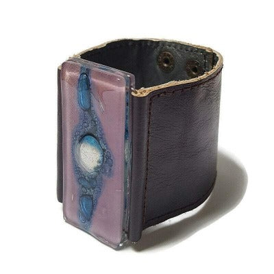 Wide Leather Cuff. Dark purple Leather Bracelet. Recycled glass Bracelet.   Lilac and Blue with silver bubble glass. Double snaps.