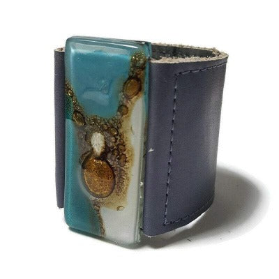 Wide Leather Cuff. Gray Leather Bracelet. Recycled glass Bracelet. Teal, white and brown cuff
