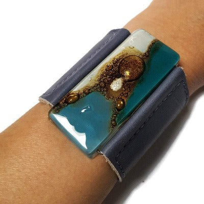 Wide Leather Cuff. Gray Leather Bracelet. Recycled glass Bracelet. Teal, white and brown cuff