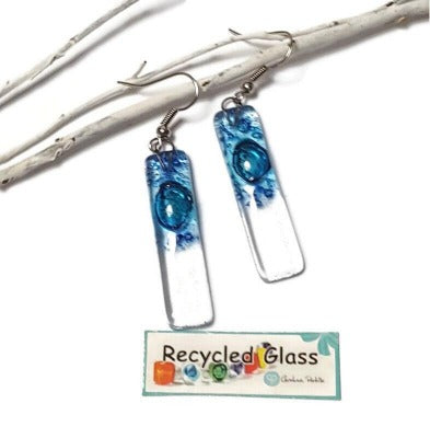 Blue bars... Lots of  bubbles. Recycled Fused Glass Dangling earrings. Clear, Transparent glass drop earrings. Beach jewelry