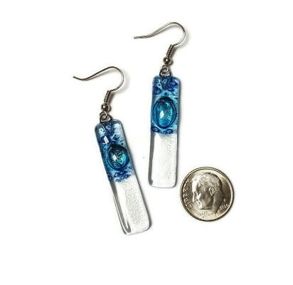 Blue bars... Lots of  bubbles. Recycled Fused Glass Dangling earrings. Clear, Transparent glass drop earrings. Beach jewelry