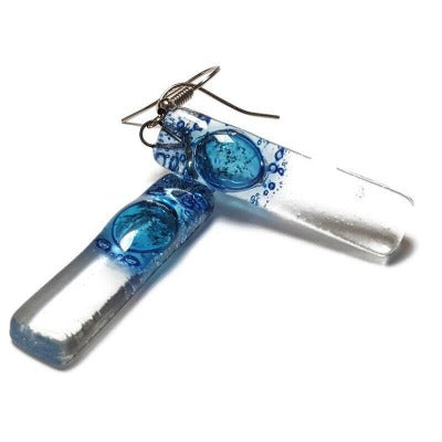 Blue bars... Lots of  bubbles. Recycled Fused Glass Dangling earrings. Clear, Transparent glass drop earrings. Beach jewelry