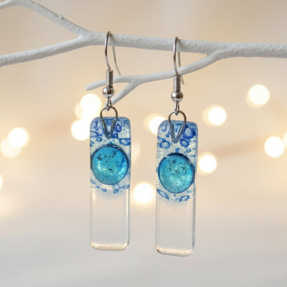 Blue bars... Lots of  bubbles. Recycled Fused Glass Dangling earrings. Clear, Transparent glass drop earrings. Beach jewelry
