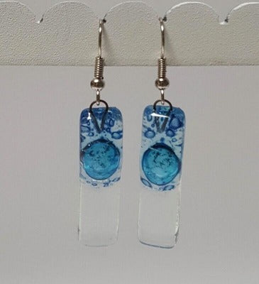 Blue bars... Lots of  bubbles. Recycled Fused Glass Dangling earrings. Clear, Transparent glass drop earrings. Beach jewelry