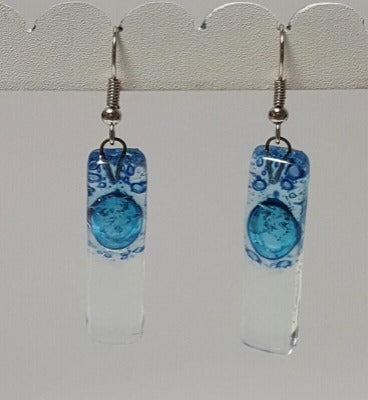 Blue bars... Lots of  bubbles. Recycled Fused Glass Dangling earrings. Clear, Transparent glass drop earrings. Beach jewelry