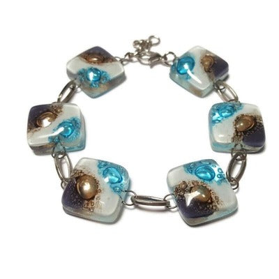 Recycled Fused Glass Bracelet, white, lilac, brown and turquoise. Handmade bracelet one size fits most!