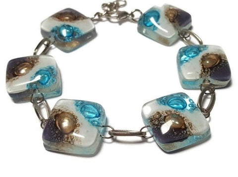 Recycled Fused Glass Bracelet, white, lilac, brown and turquoise. Handmade bracelet one size fits most!