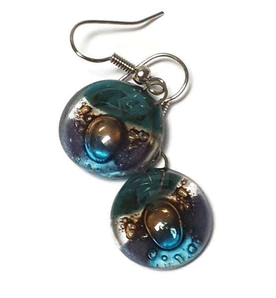 Purple, brown, teal and turquoise round dangle Fused Glass Drop Earrings. Everyday earrings. Handcrafted beads and charms.