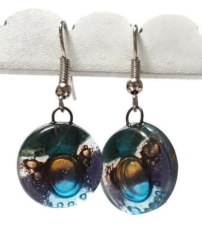 Purple, brown, teal and turquoise round dangle Fused Glass Drop Earrings. Everyday earrings. Handcrafted beads and charms.