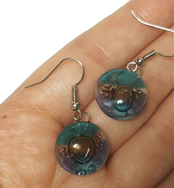 Purple, brown, teal and turquoise round dangle Fused Glass Drop Earrings. Everyday earrings. Handcrafted beads and charms.