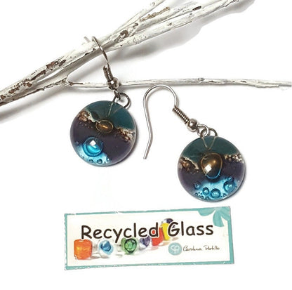 Purple, brown, teal and turquoise round dangle Fused Glass Drop Earrings. Everyday earrings. Handcrafted beads and charms.
