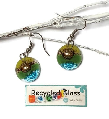 Green, brown, and turquoise round dangle Fused Glass Drop Earrings. Fun colors. Everyday earrings. Handcrafted beads and charms