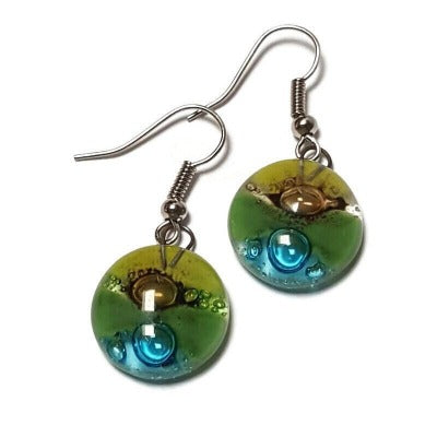 Green, brown, and turquoise round dangle Fused Glass Drop Earrings. Fun colors. Everyday earrings. Handcrafted beads and charms