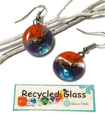 Orange, brown, purple and turquoise round dangle Fused Glass Drop Earrings. Fun colors. Everyday earrings. Handcrafted beads and charms