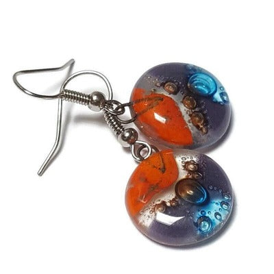 Orange, brown, purple and turquoise round dangle Fused Glass Drop Earrings. Fun colors. Everyday earrings. Handcrafted beads and charms