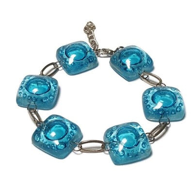 Recycled Fused Glass turquoise Bracelet.  Handmade beach jewelry. Beaded Bracelet.