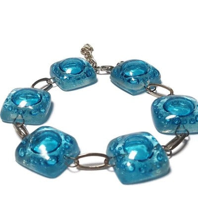 Recycled Fused Glass turquoise Bracelet.  Handmade beach jewelry. Beaded Bracelet.