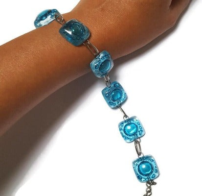 Recycled Fused Glass turquoise Bracelet.  Handmade beach jewelry. Beaded Bracelet.