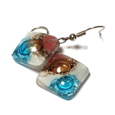 Pink, Brown, white and turquoise Square fused glass dangle earrings. Handmade recycled Glass beads. Drop Earrings