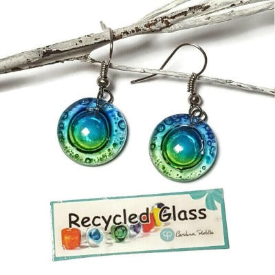 Blue, green and turquoise round dangle Fused Glass Drop Earrings. Fun colors jewelry. Everyday earrings. Handcrafted beads and charms.