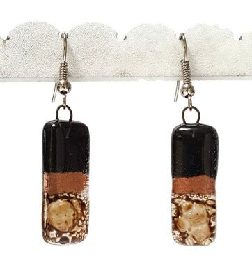 Small bar rectangle Dangle Earrings Recycled Glass. Fused drop Glass. Black, copper anf brown drop earrings.