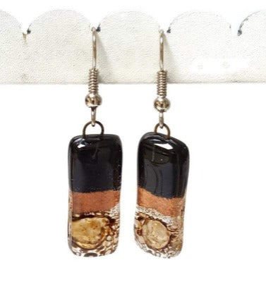 Small bar rectangle Dangle Earrings Recycled Glass. Fused drop Glass. Black, copper anf brown drop earrings.