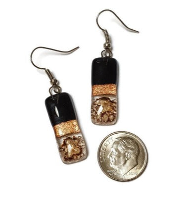 Small bar rectangle Dangle Earrings Recycled Glass. Fused drop Glass. Black, copper anf brown drop earrings.