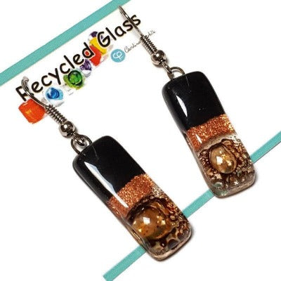 Small bar rectangle Dangle Earrings Recycled Glass. Fused drop Glass. Black, copper anf brown drop earrings.