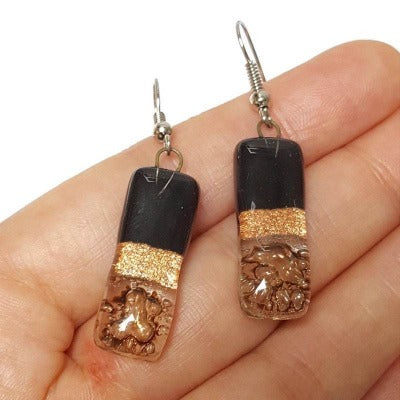 Small bar rectangle Dangle Earrings Recycled Glass. Fused drop Glass. Black, copper anf brown drop earrings.