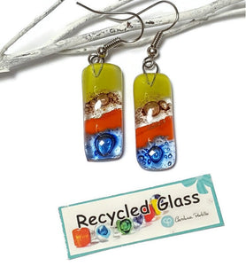 Small bar rectangle Dangle Earrings Recycled Glass. Fused drop Glass blue, brown, light green and orange coloful drop earrings.