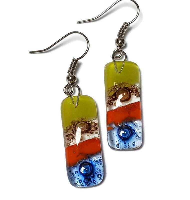 Small bar rectangle Dangle Earrings Recycled Glass. Fused drop Glass blue, brown, light green and orange coloful drop earrings.